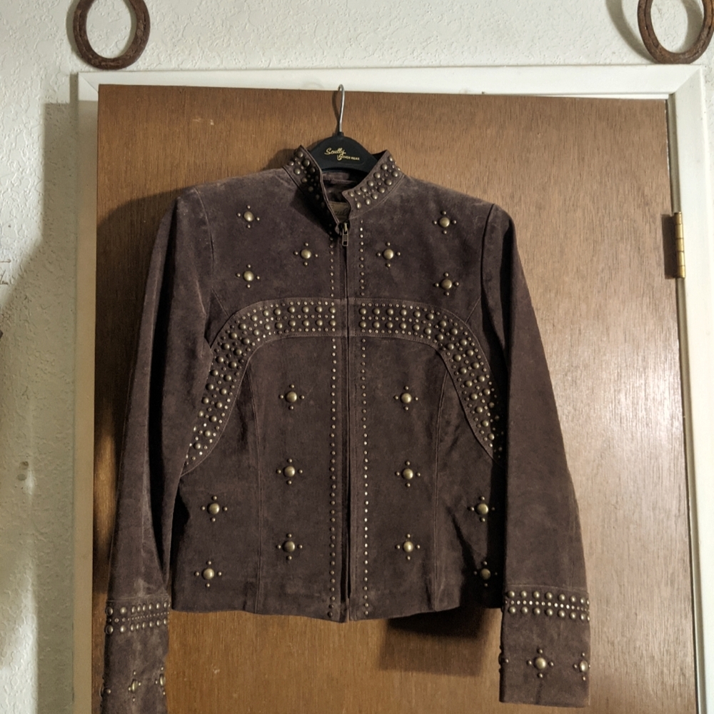 New Scully Western Rodeo Suede Leather Brass Studded jacket coat 6 (S- M) Brown